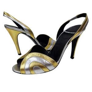 Pierre Hardy Slingback Pumps 39 Metallic Gold Silver Stripe Leather Peep‎ Toe